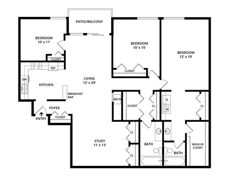 Floor plan for 3 beds, 2 baths, 1449 sqft